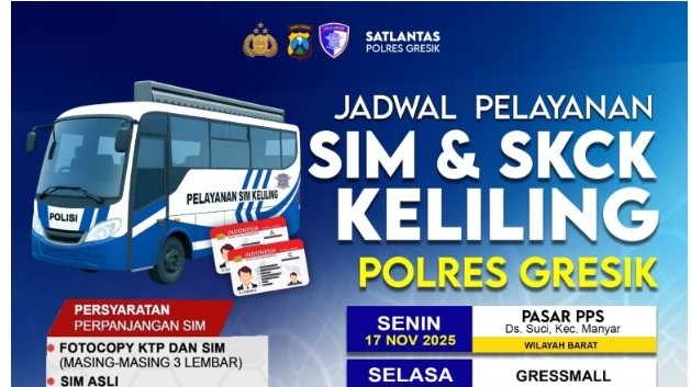 Jadwal Pelayanan SIM & SKCK Keliling Polres Gresik Tanggal 17 hingga 22 November 2025